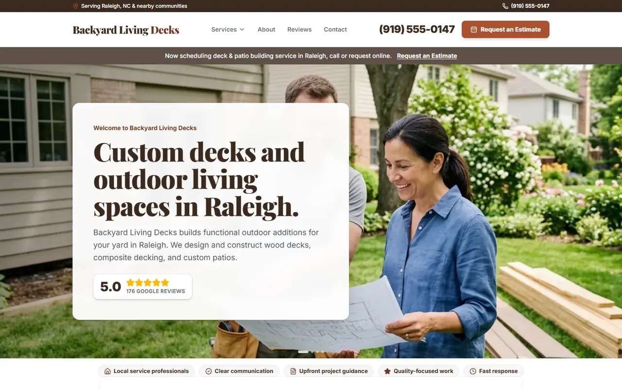 Decks & Patios demo website, design A